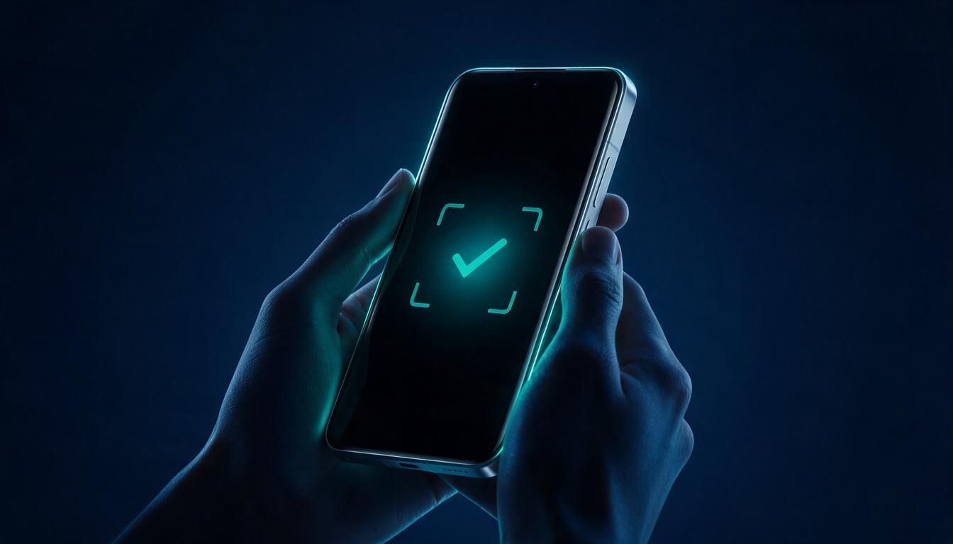 Smartphone mit türkisem Verifikations-Haken in Scan-Brackets — zeitnahe dokumentierte Bestätigung