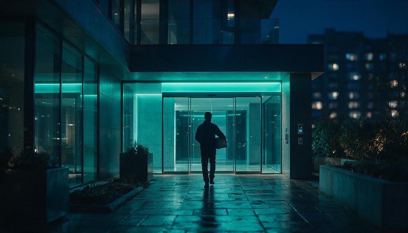 Kurier-Silhouette mit Sendung auf dem Weg in einen türkis beleuchteten Hauseingang bei Nacht