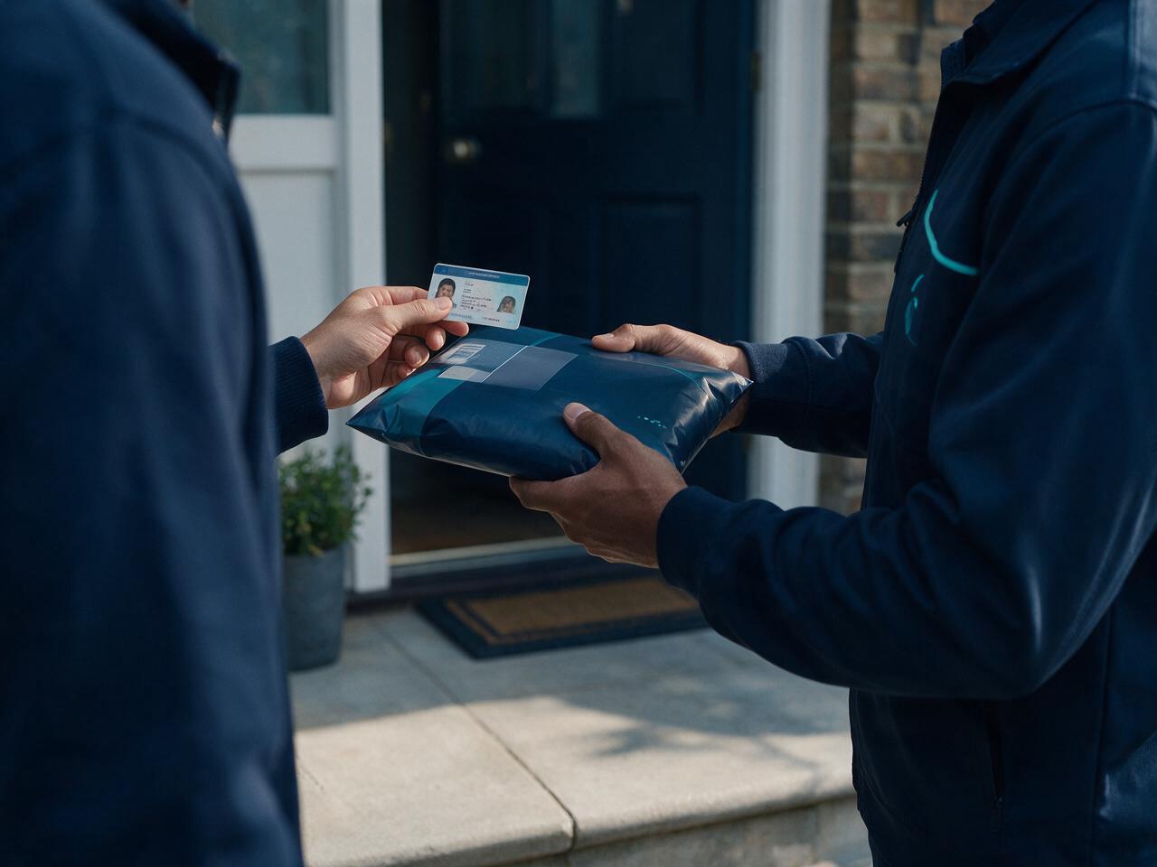 Zusteller übergibt ein Paket an der Haustür, während der Empfänger seinen Ausweis zur Identitätsprüfung vorzeigt