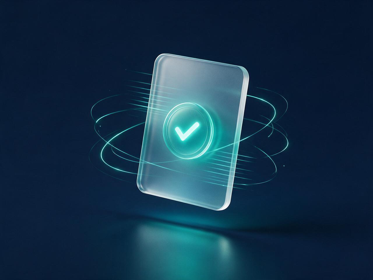 Leuchtende Glas-ID-Karte mit türkisem Verifikations-Haken als Symbol der digitalen Identitätsprüfung